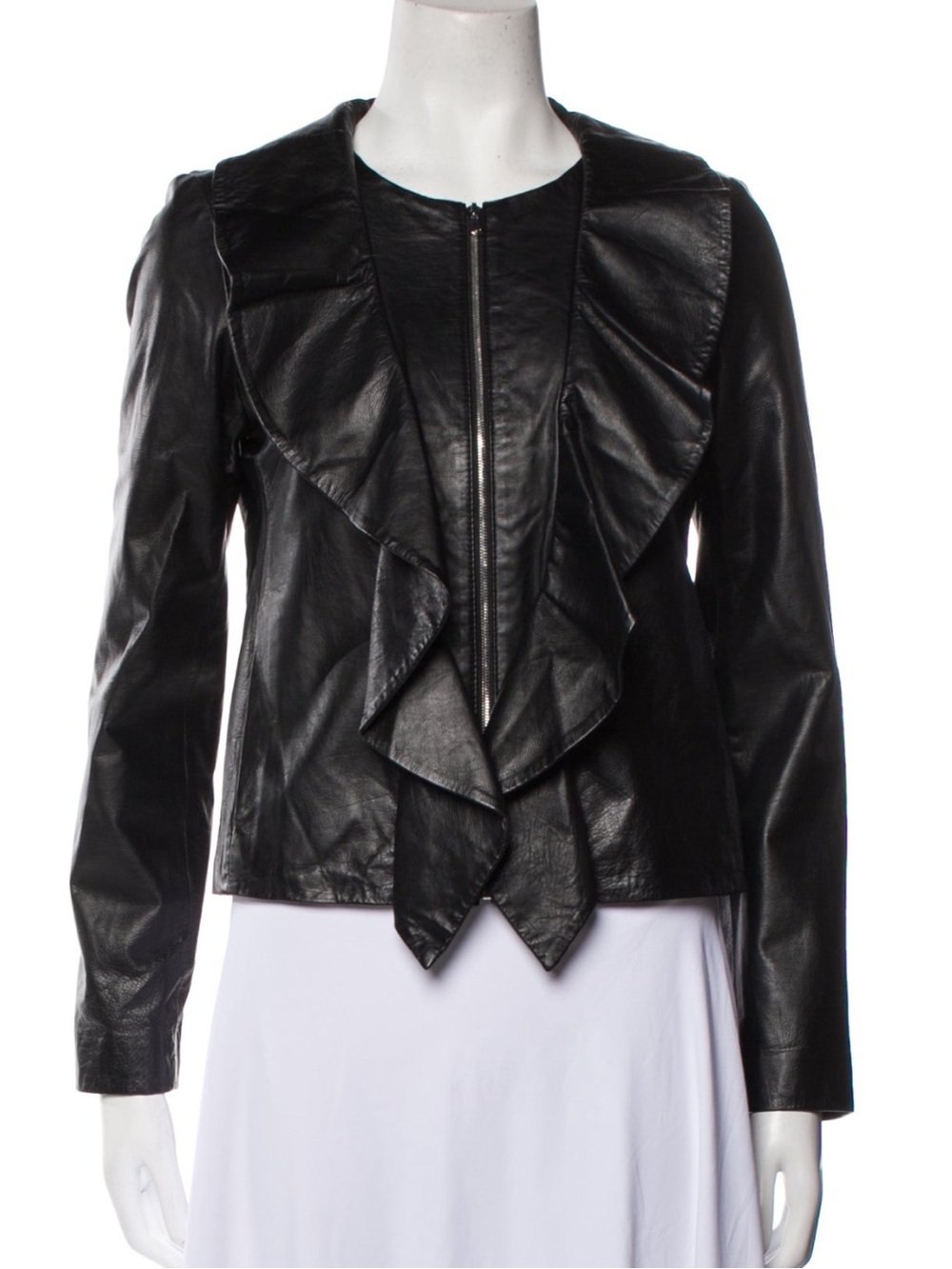 Milly Black Leather Cascade Ruffle Jacket Size M